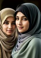 ai generato avvicinamento immagine di musulmano mamma e figlia nel hijab foto