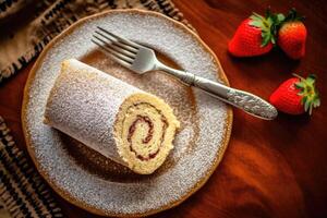 azione foto di svizzero rotolo nel cucina tavolo alcuni fetta ai generato