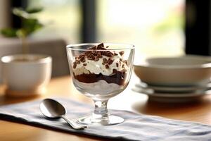 cioccolato coppa di gelato guarnita nel il cucina tavolo cibo fotografia ai generato foto