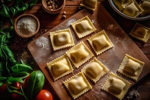 ravioli nel il cucina tavolo cibo fotografia ai generato foto