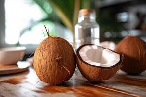 fresco giovane noci di cocco nel il cucina tavolo cibo fotografia ai generato foto