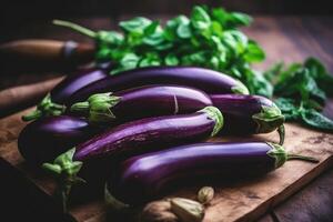 azione foto melanzana nel cucina tavolo alcuni affettato piatto posare ai generato