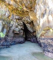 Rotolamento di acqua in una grotta sulla spiaggia di muriwai, auckland, nuova zelanda foto