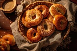 azione foto di bagel nel cucina tavolo piatto posare ai generato