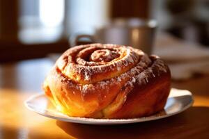 cannella rotolo nel il cucina tavolo cibo fotografia ai generato foto