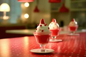 rosso leggero coppa di gelato guarnita nel il cucina tavolo cibo fotografia ai generato foto