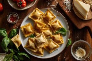 formaggio ravioli nel il cucina tavolo cibo fotografia ai generato foto