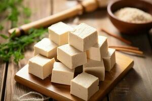 azione foto crudo tofu nel cucina tavolo piatto posare ai generato