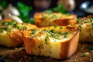 aglio pane nel il cucina tavolo cibo fotografia ai generato foto