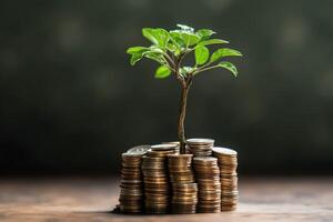 attività commerciale crescita con un' in crescita albero su un' moneta. mostrando finanziario sviluppi. finanziario pianificazione concetto di ai generato foto