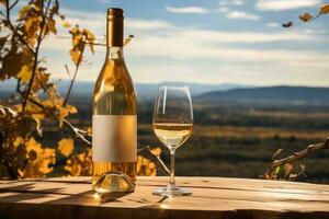 vigneto degustazione vino bottiglia e bicchiere con panoramico fondale foto