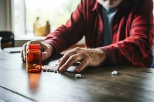 americano uomo nel rosso camicia scrosciante pillole a partire dal prescrizione pillola bottiglia foto
