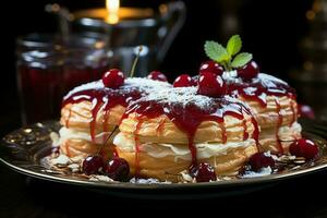 fatti in casa di delizioso Pasticcino o Pancakes con frutta danesi e ciliegia. danese Pasticcino e dolce concetto di ai generato foto