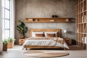 moderno Camera da letto interno design nel appartamento o Casa con arredamento. lusso Camera da letto scandinavo concetto di ai generato foto