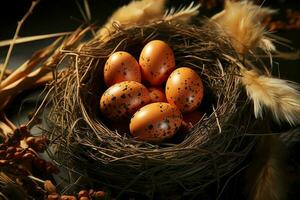 contento coniglietto con molti Pasqua uova su Pasqua giorno concetto. Pasqua giorno sfondo con coniglietto, dolci o colorato decorativo uova. dipinto uova su cannuccia nido e fiore. Pasqua celebrazione di ai generato foto