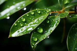 macro tiro di verde le foglie con acqua goccioline, rugiada o pioggia far cadere su loro. verde foglia natura foresta concetto di ai generato foto