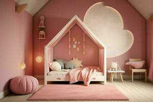 moderno bambino Camera da letto interno design nel Casa con decorazione bambini. colorato bambini Camera da letto concetto di ai generato foto