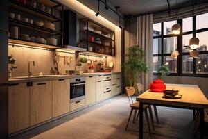 moderno cucina interno design nel appartamento o Casa con arredamento. lusso cucina casa scandinavo concetto di ai generato foto