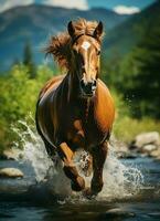 un' selvaggio cavallo in esecuzione nel il torrente. selvaggio o azienda agricola animali concetto di ai generato foto