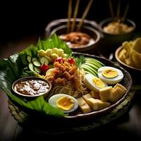 gado-gado indonesiano tradizionale cibo. mescolare a partire dal bollito o vapore verdura servito con arachide salsa concetto di ai generato foto