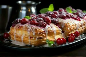 fatti in casa di delizioso Pasticcino o Pancakes con frutta danesi e ciliegia. danese Pasticcino e dolce concetto di ai generato foto