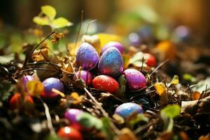 contento coniglietto con molti Pasqua uova su Pasqua giorno concetto. Pasqua giorno sfondo con coniglietto, dolci o colorato decorativo uova. dipinto uova su cannuccia nido e fiore. Pasqua celebrazione di ai generato foto