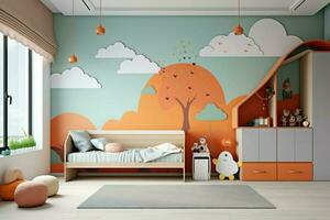 moderno bambino Camera da letto interno design nel Casa con decorazione bambini. colorato bambini Camera da letto concetto di ai generato foto