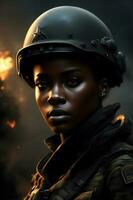 nero donna indossare militare uniforme Compreso camuffare fatiche e un' casco. generativo ai. foto