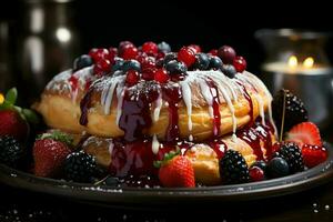 fatti in casa di delizioso Pasticcino o Pancakes con frutta danesi e ciliegia. danese Pasticcino e dolce concetto di ai generato foto