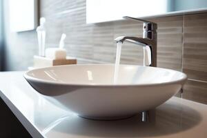 moderno pubblico bagno con riga di bianca ceramica lavare Lavello bacini e rubinetto con specchio nel toilette concetto di ai generato foto