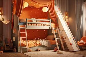 moderno bambino Camera da letto interno design nel Casa con decorazione bambini. colorato bambini Camera da letto concetto di ai generato foto