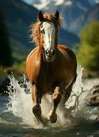 un' selvaggio cavallo in esecuzione nel il torrente. selvaggio o azienda agricola animali concetto di ai generato foto