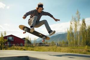 un' caucasico uomo fare trucchi o salto su un' skateboard a il strada. giovane uomo con pattinatore salto concetto di ai generato foto