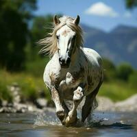 un' selvaggio cavallo in esecuzione nel il torrente. selvaggio o azienda agricola animali concetto di ai generato foto