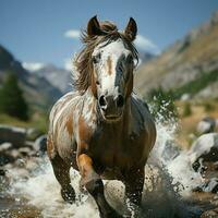 un' selvaggio cavallo in esecuzione nel il torrente. selvaggio o azienda agricola animali concetto di ai generato foto