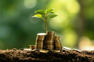 attività commerciale crescita con un' in crescita albero su un' moneta. mostrando finanziario sviluppi. finanziario pianificazione concetto di ai generato foto