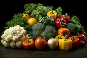 collezione mescolare fresco verdure e frutta per un' insalata. salutare dieta concetto e verdure cibo di ai generato foto