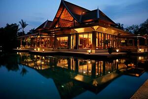 tailandese balinese lusso villa con infinito nuoto piscina. un' tropicale giardino nel ubud bali Indonesia concetto di ai generato foto