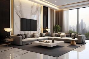 moderno appartamento interno nel vivente o Camera da letto design con Lavorando tavolo, arredamento, e scaffale. lusso casa scandinavo concetto di ai generato foto