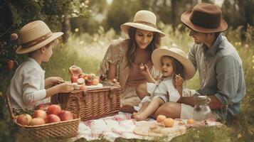 famiglia avendo un' picnic nel erba campo, amore, campeggio, viaggio, genitori, bambini, vacanza, generativo ai foto