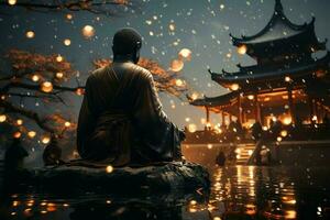 un' Budda si siede nel il montagna con un' loto e candele. sfondo per Vesak celebrazione. Vesak giorno concetto. Vesak celebrazione giorno saluti concetto di ai generato foto