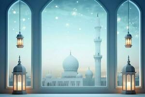 eid mubarak e Ramadan kareem saluti con islamico lanterna e moschea. eid al Fitr sfondo. eid al Fitr sfondo di finestra concetto di ai generato foto