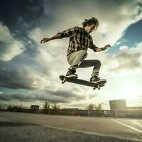 un' caucasico uomo fare trucchi o salto su un' skateboard a il strada. giovane uomo con pattinatore salto concetto di ai generato foto