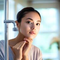 attraente freschezza asiatico donna pulito viso fresco acqua con cura Guarda per specchio nel bagno casa concetto di ai generato foto