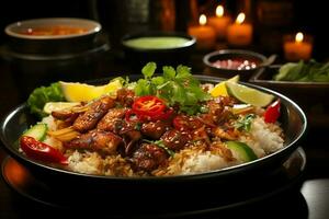 nasi goreng indonesiano tradizionale cibo. fritte riso pollo con uova e speziato spezie di frittura concetto di ai generato foto