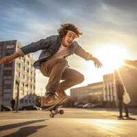 un' caucasico uomo fare trucchi o salto su un' skateboard a il strada. giovane uomo con pattinatore salto concetto di ai generato foto