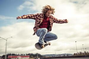 un' caucasico uomo fare trucchi o salto su un' skateboard a il strada. giovane uomo con pattinatore salto concetto di ai generato foto