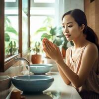 attraente freschezza asiatico donna pulito viso fresco acqua con cura Guarda per specchio nel bagno casa concetto di ai generato foto