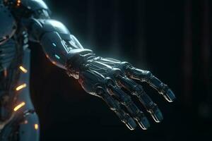 robot e uomo mani nel stretta di mano ai tecnologia olografico ai generato Immagine foto