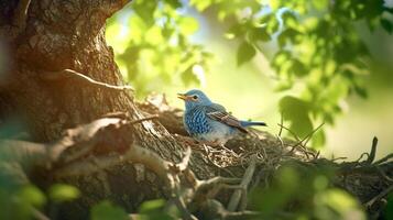 un' simpatico Grasso blu uccello fabbricazione un' nido Basso nel il rami di un olmo albero ai generato Immagine foto